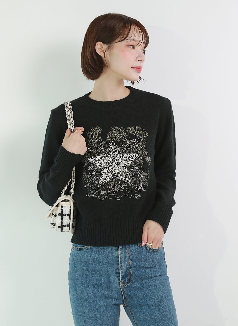 スター刺繍ラウンドネックニット | レディースファッション通販 - DHOLIC