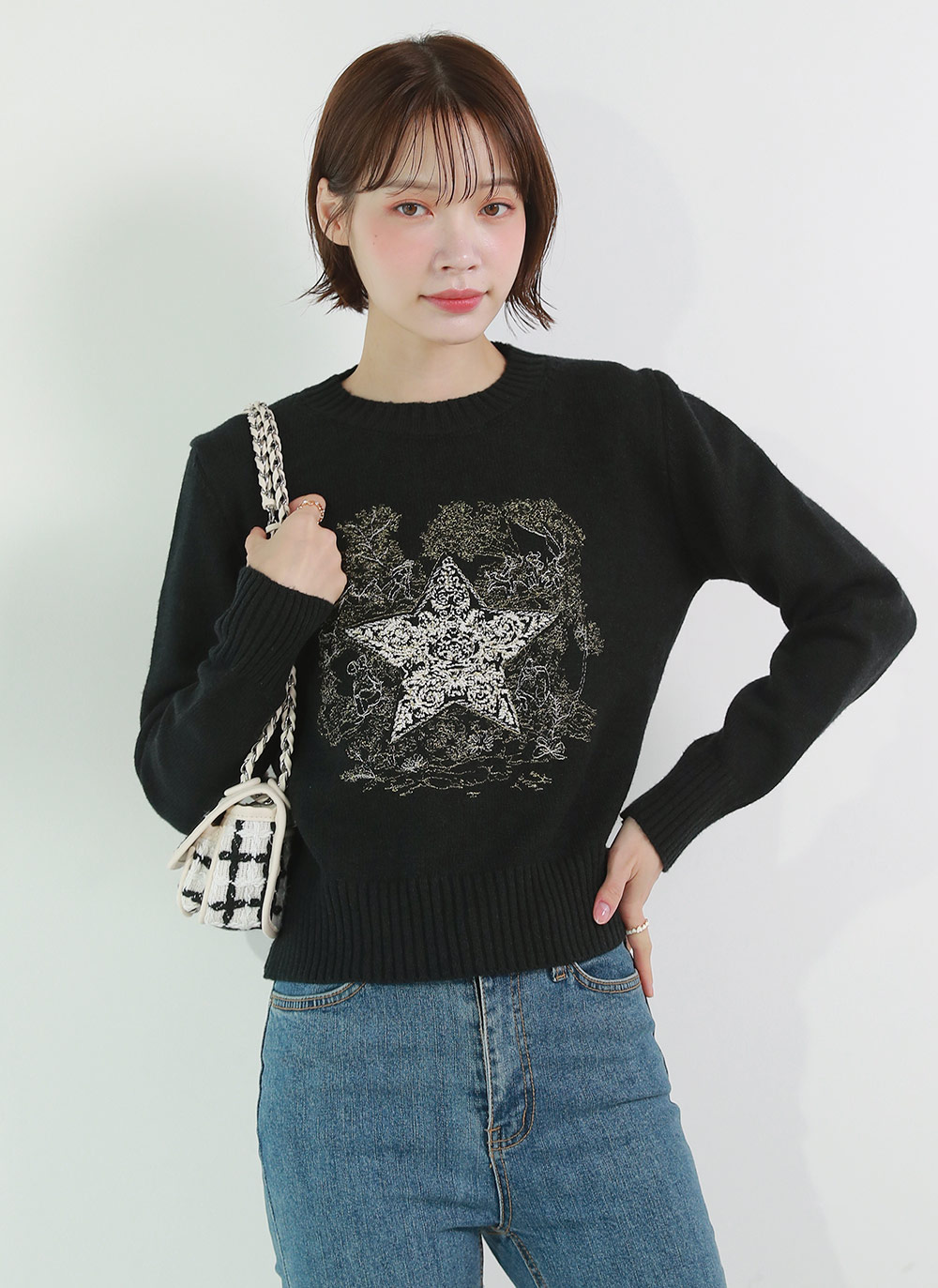 スター刺繍ラウンドネックニット | レディースファッション通販 - DHOLIC