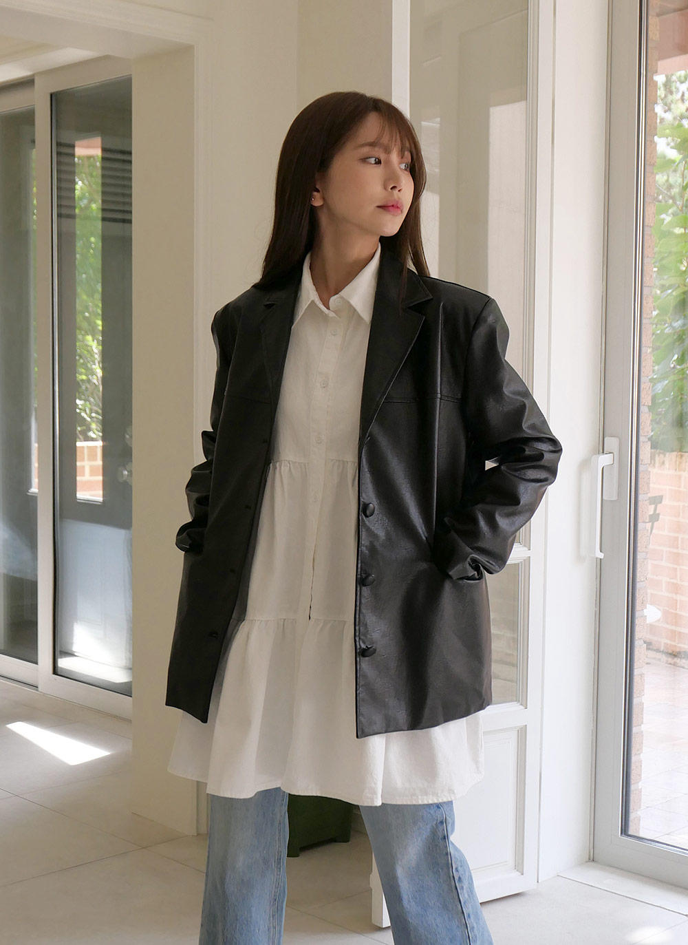 レザー調テーラードミドルジャケット | レディースファッション通販