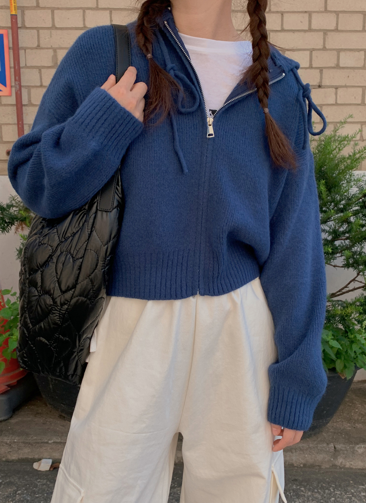ニットクロップドジップフードカーディガン | レディースファッション