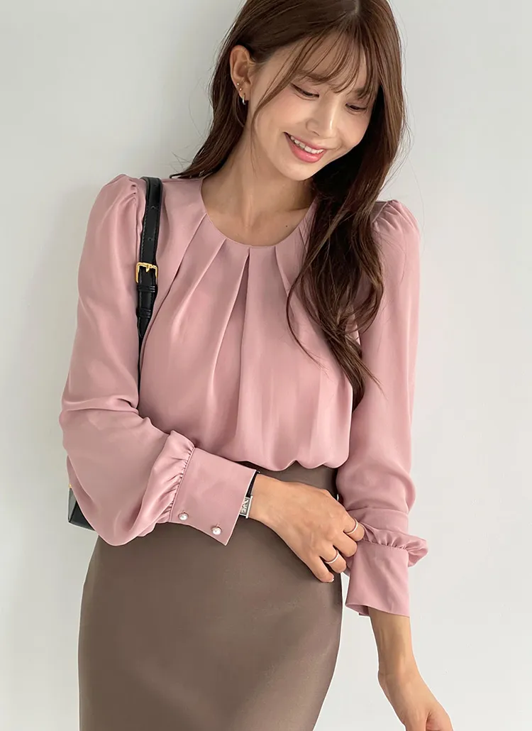 パール調ボタンタックネックブラウス | DHOLIC | 詳細画像1