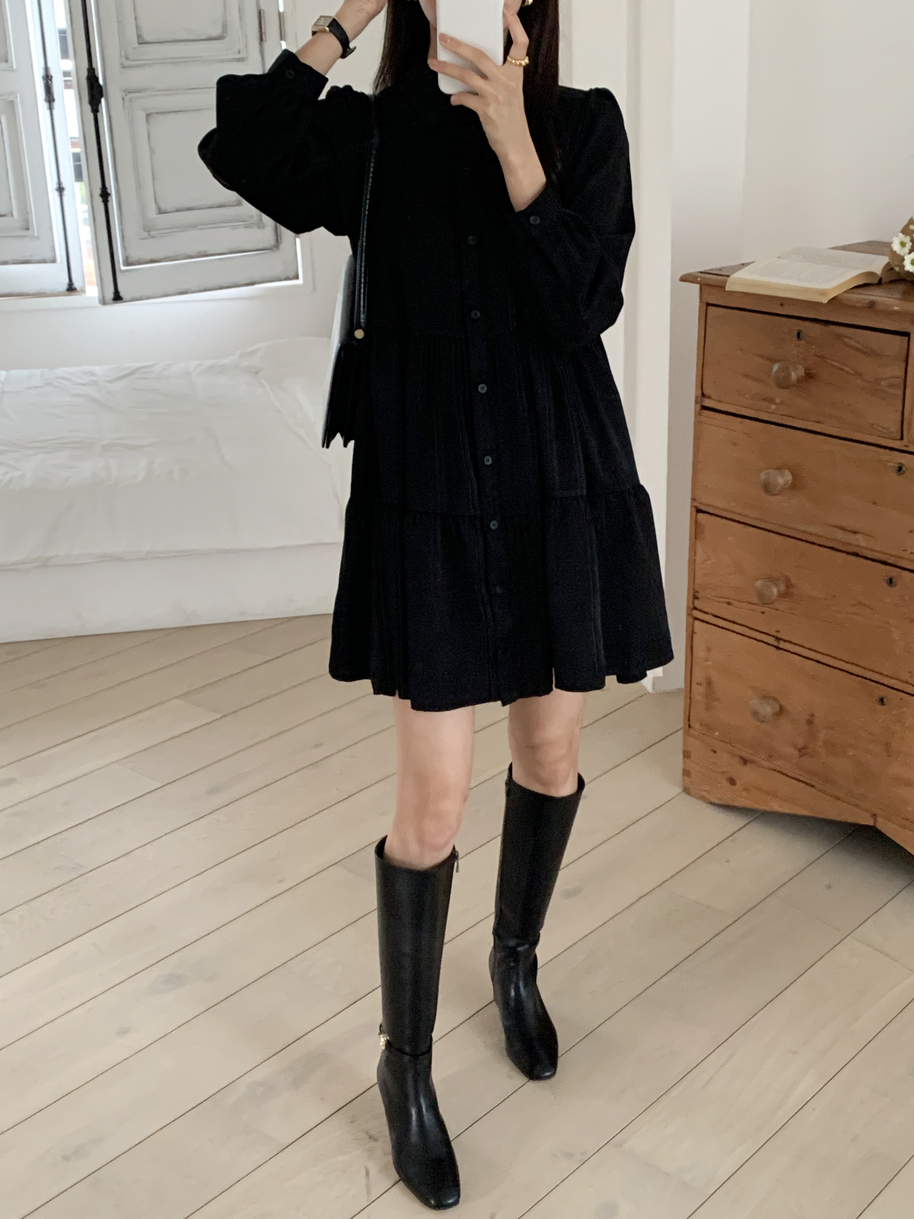 denier (デニール) シャツワンピ ワンピース 黒 シャツ襟きちんとワンピース(02_M 69_ダークネイビー