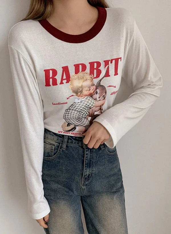 RABBIT配色長袖Tシャツ | qnigirls | 詳細画像1