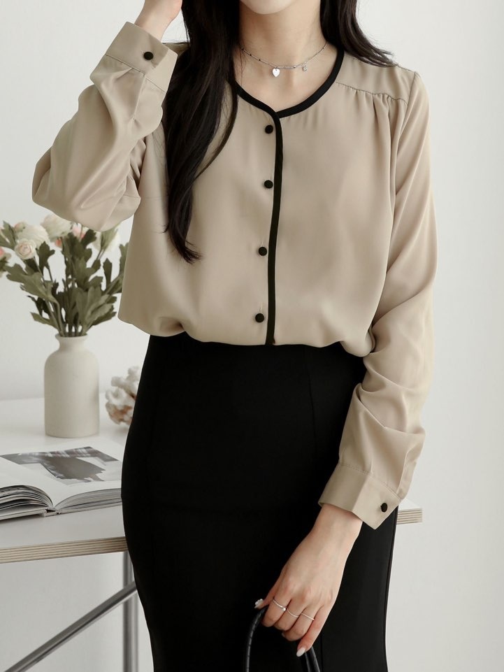 配色くるみボタンブラウス | 詳細画像4