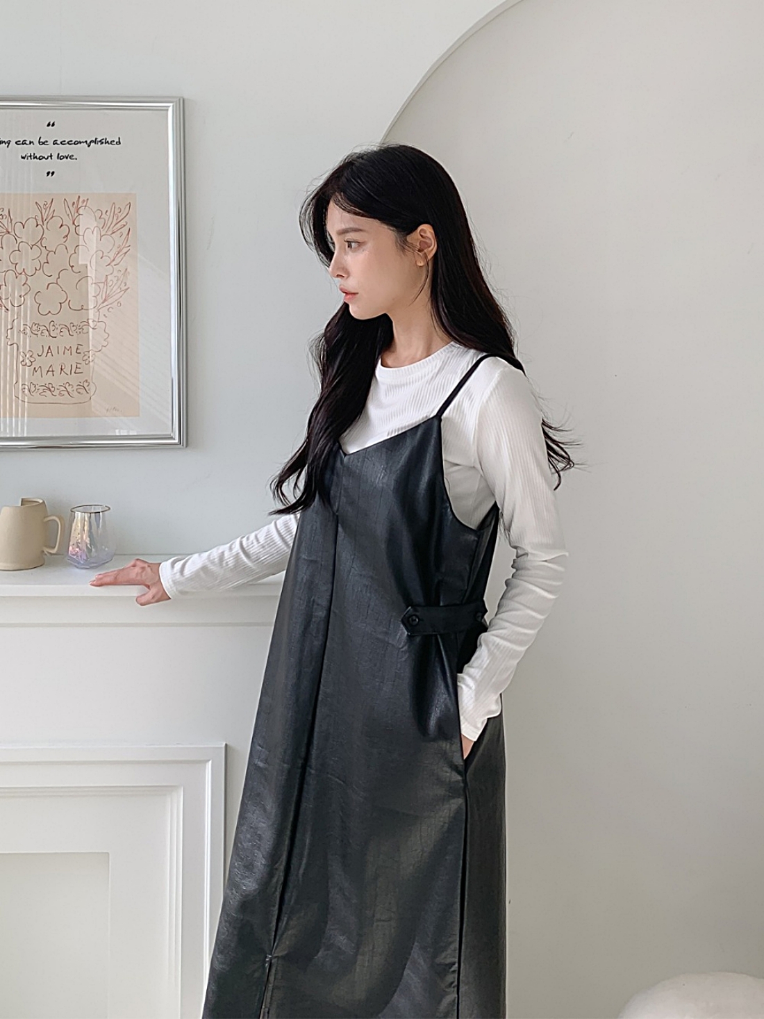 リブTシャツ&レザー調キャミワンピースSET | レディースファッション