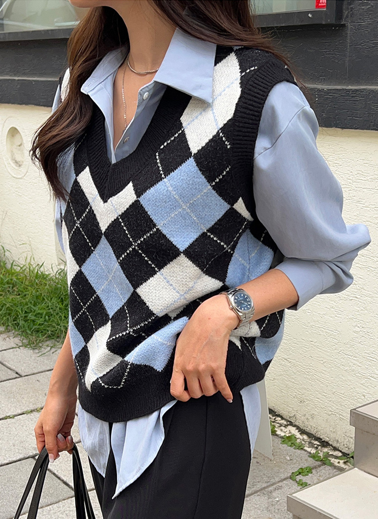 アーガイルパターン ニットベスト レディース RAGEBLUE（レイジブルー） ベスト ジレ アーガイルVネックニットベスト