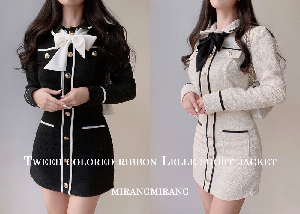 リボンタイ付配色ツイードジャケット | レディースファッション通販