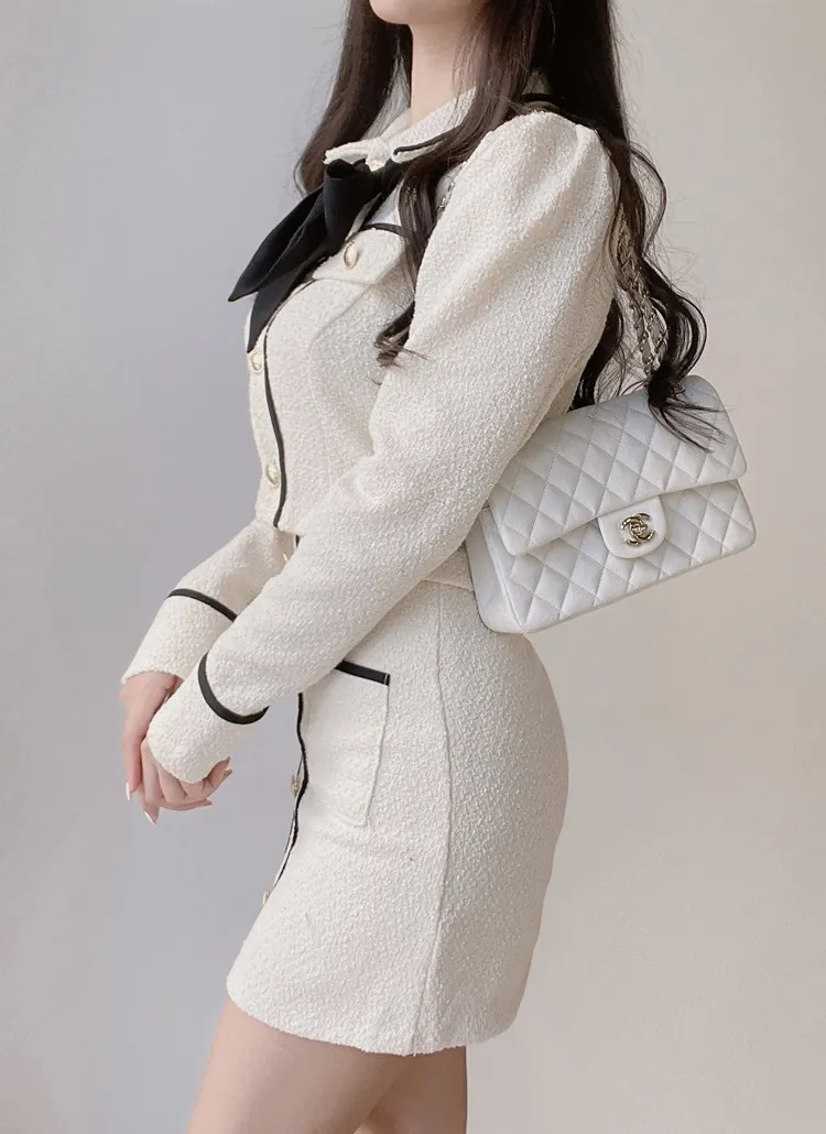 リボンタイ付配色ツイードジャケット | レディースファッション通販