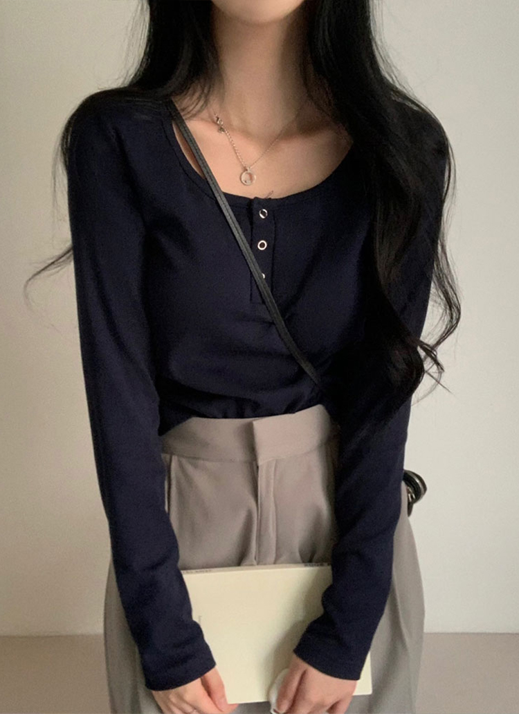 パラスパレス　 長袖Tシャツ 　ボタン付き beidelli made]ハーフスナップボタン長袖Tシャツ | レディース