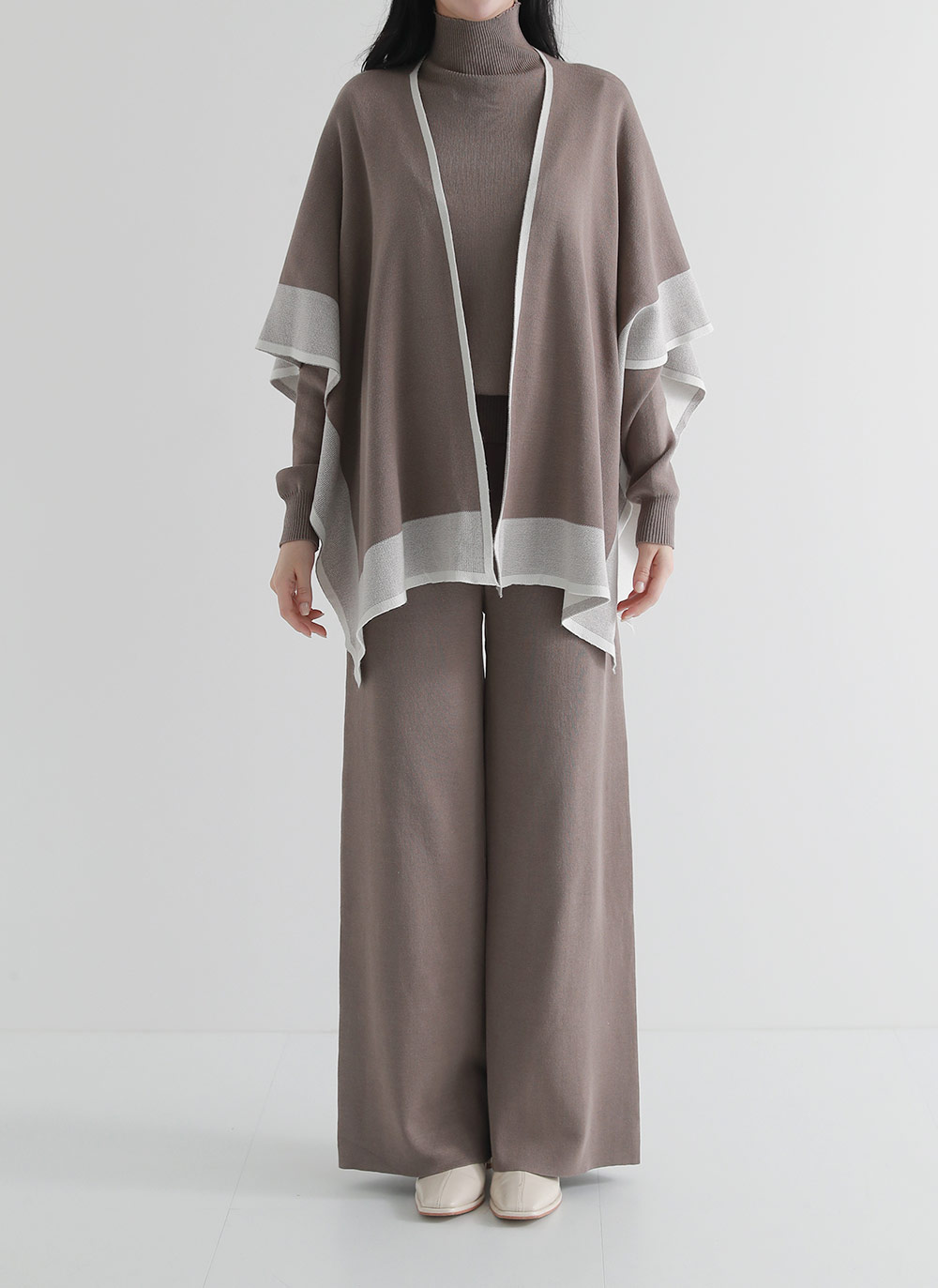 配色ショールハイネックニットパンツ3SET・b01737 レディース セットアップ 3点セット ショール 配色 ロング ニット ハイネック 長袖 パンツ ニットパンツ ロング丈 ワイド 大人 モード 上品 秋 冬 韓国ファッション