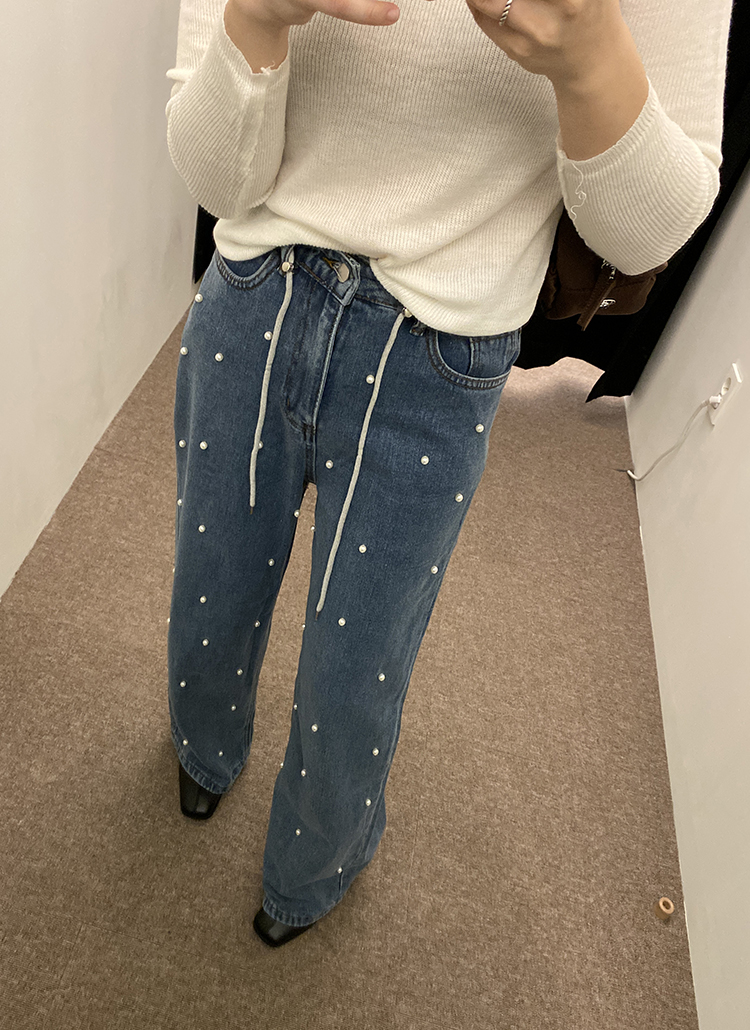 フェイクパールストレートデニムパンツ・p596513