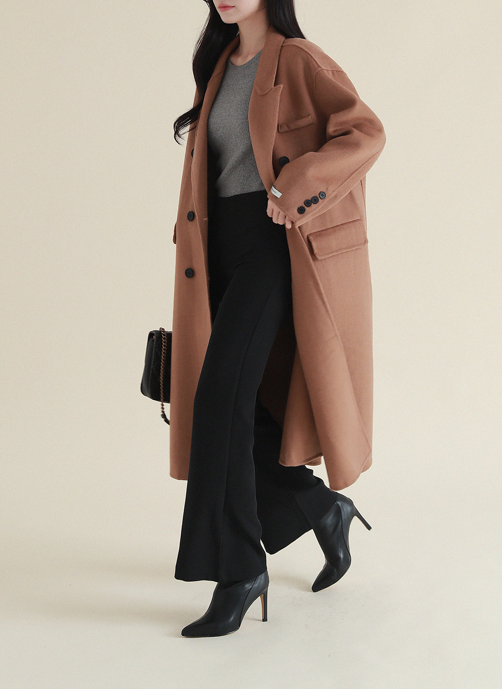 ウール混ハンドメイドダブルボタンコート | レディースファッション