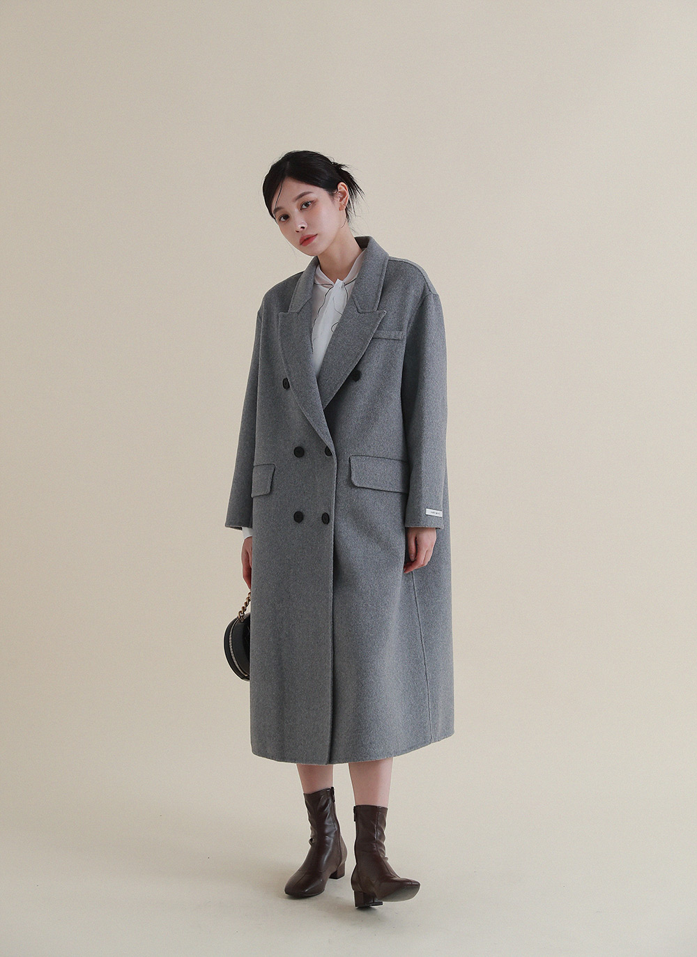 グレー ダブルボタン コート サイズ40 ウール混ハンドメイドダブルボタンコート | レディースファッション