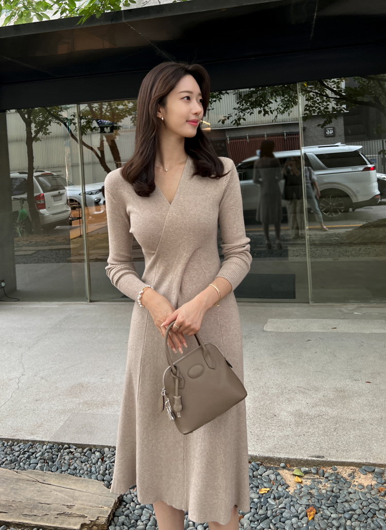 カシュクールネックリブニットワンピース | レディースファッション