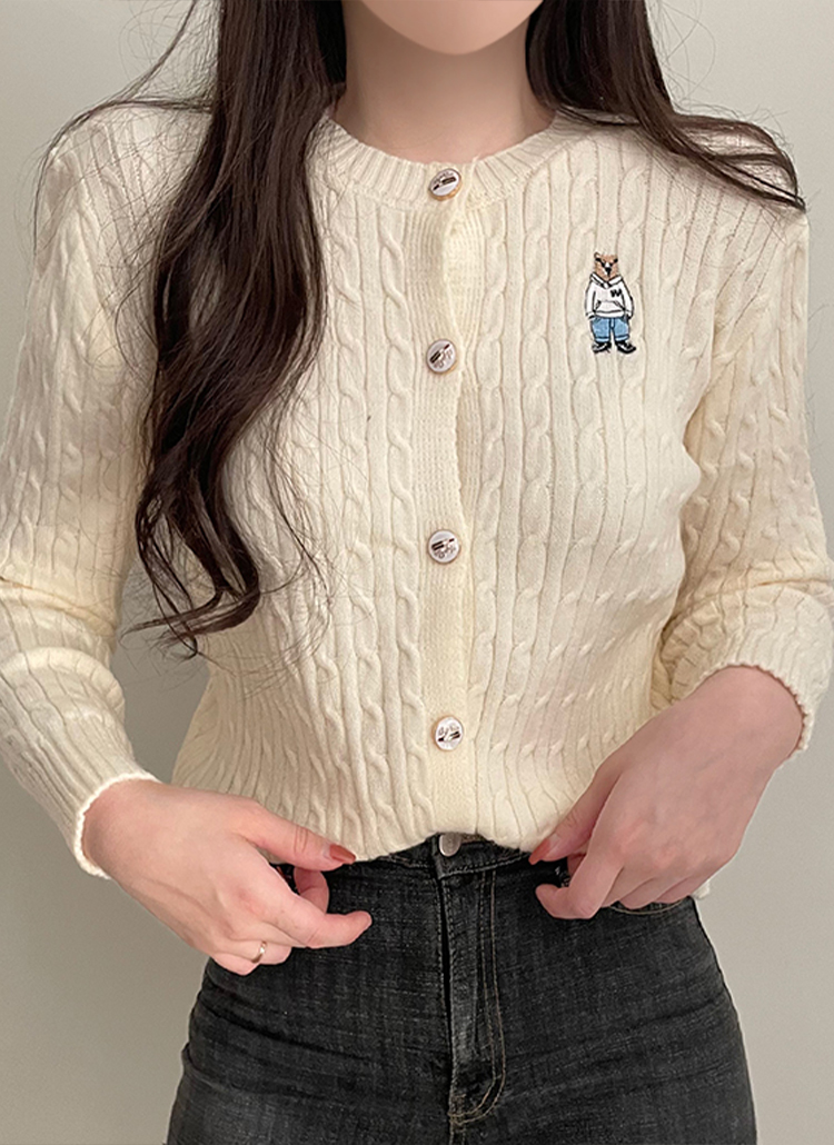 フードベア刺繍ケーブルカーディガン | レディースファッション