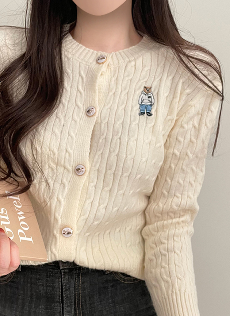 フードベア刺繍ケーブルカーディガン | レディースファッション フードベア刺繍ケーブルカーディガン | レディースファッション