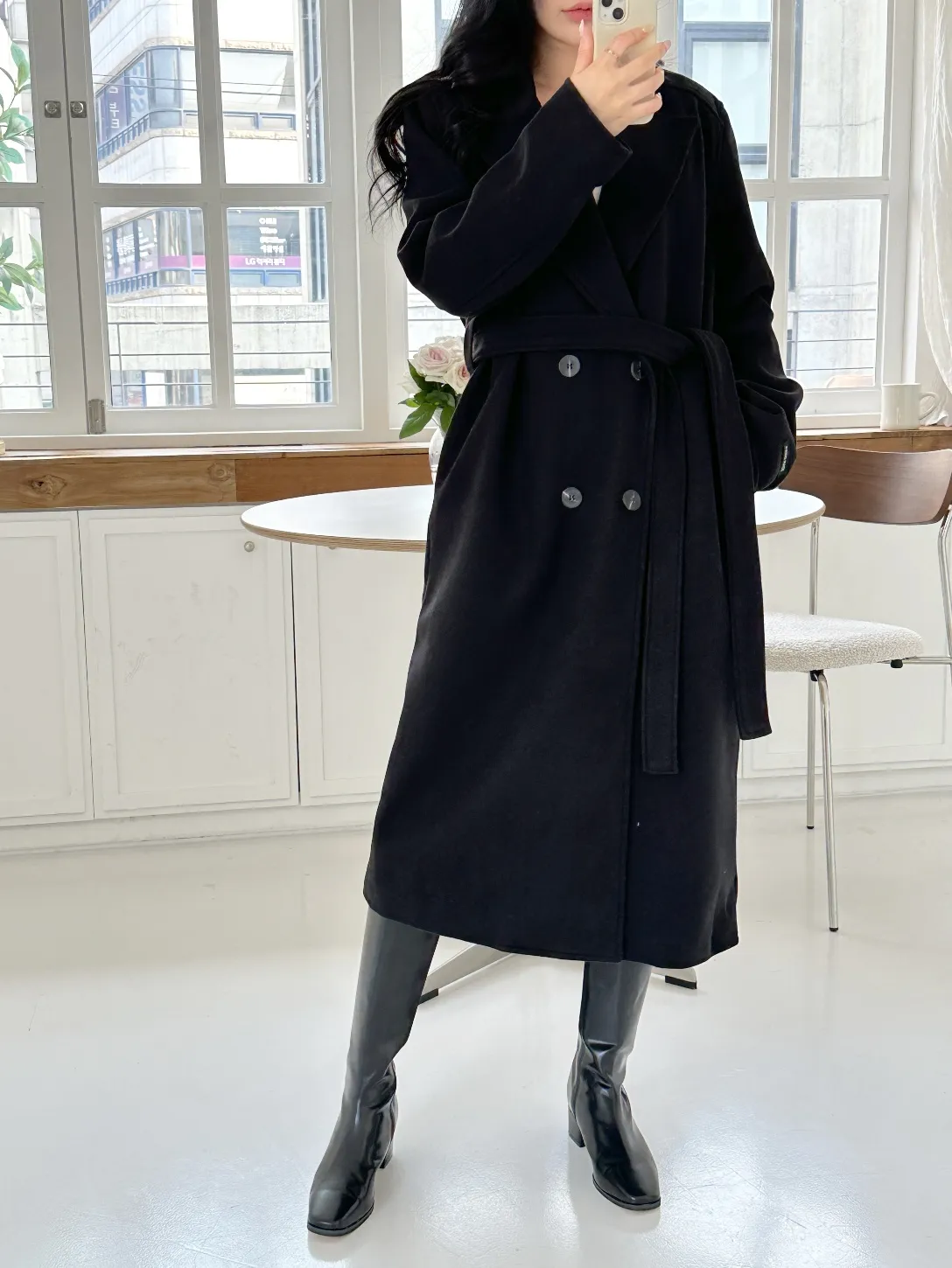 ストラップ付ウール混ダブルハンドメイドコート | レディース 