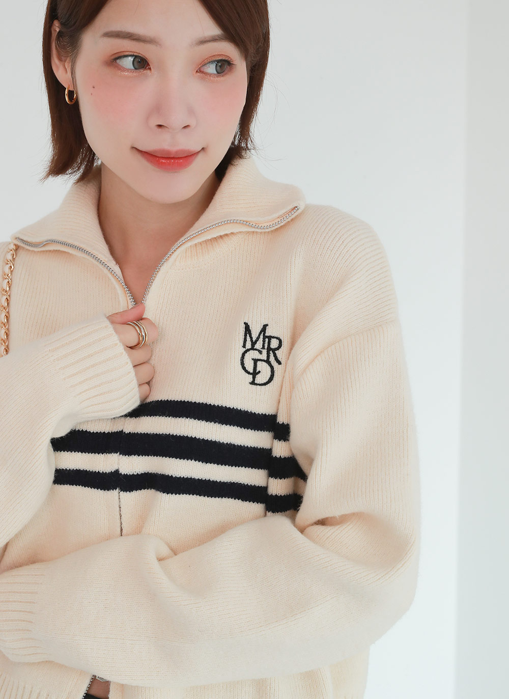 2WAYボーダー刺繍ジップカーディガン | DHOLIC | 詳細画像2