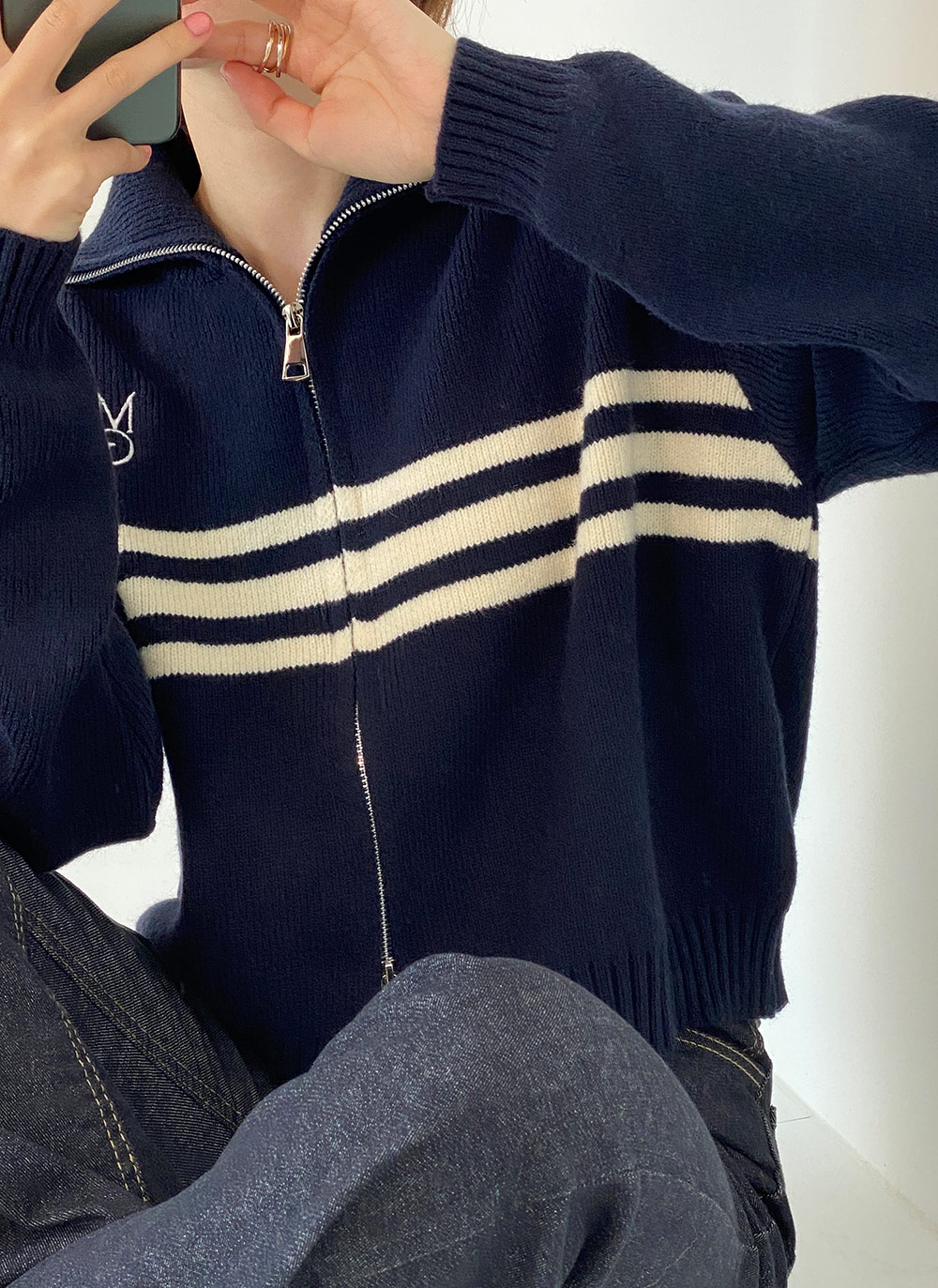 2WAYボーダー刺繍ジップカーディガン | DHOLIC | 詳細画像14