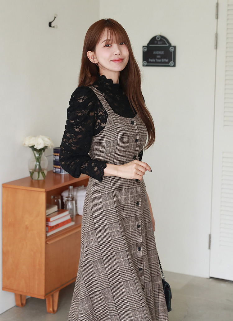 ウール混リボンチェックビスチェワンピース | レディースファッション