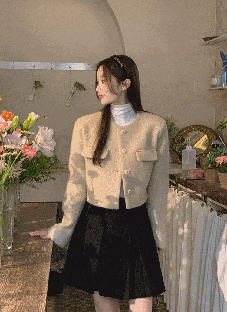 ounce アンゴラジャケット キャメル 韓国 レディース アンゴラテクスチャーラウンドジャケット | レディースファッション