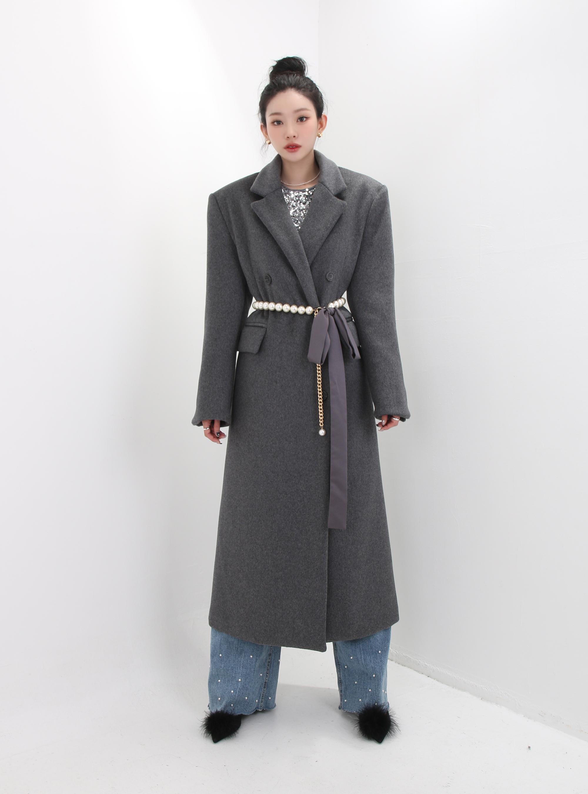 ecmile リボン コート グレー BIJOU RIBBON COAT Ribbon Collar Shaggy Long Coat