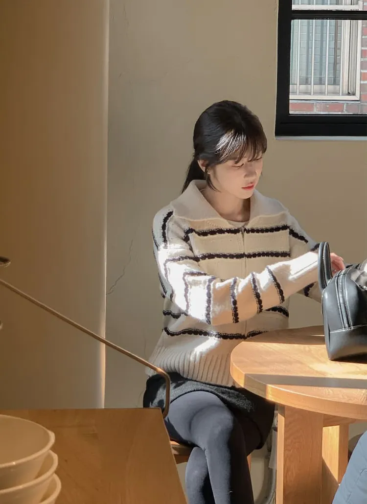 ボーダーカラーネックジップカーディガン | cherrykoko | 詳細画像1