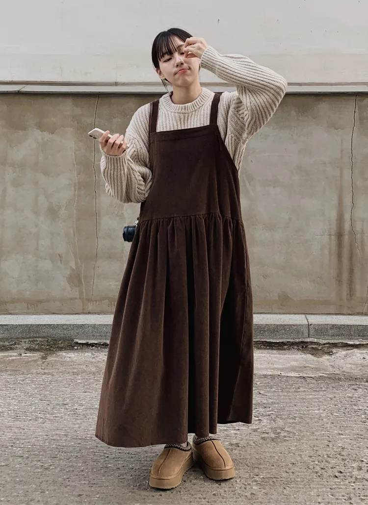 エプロン風コーデュロイロングワンピース | レディースファッション  