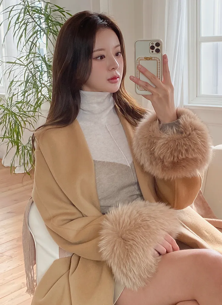 Drawer ドゥロワー FOXファー ノーカラー ウールコート ネイビー くぐる 36 