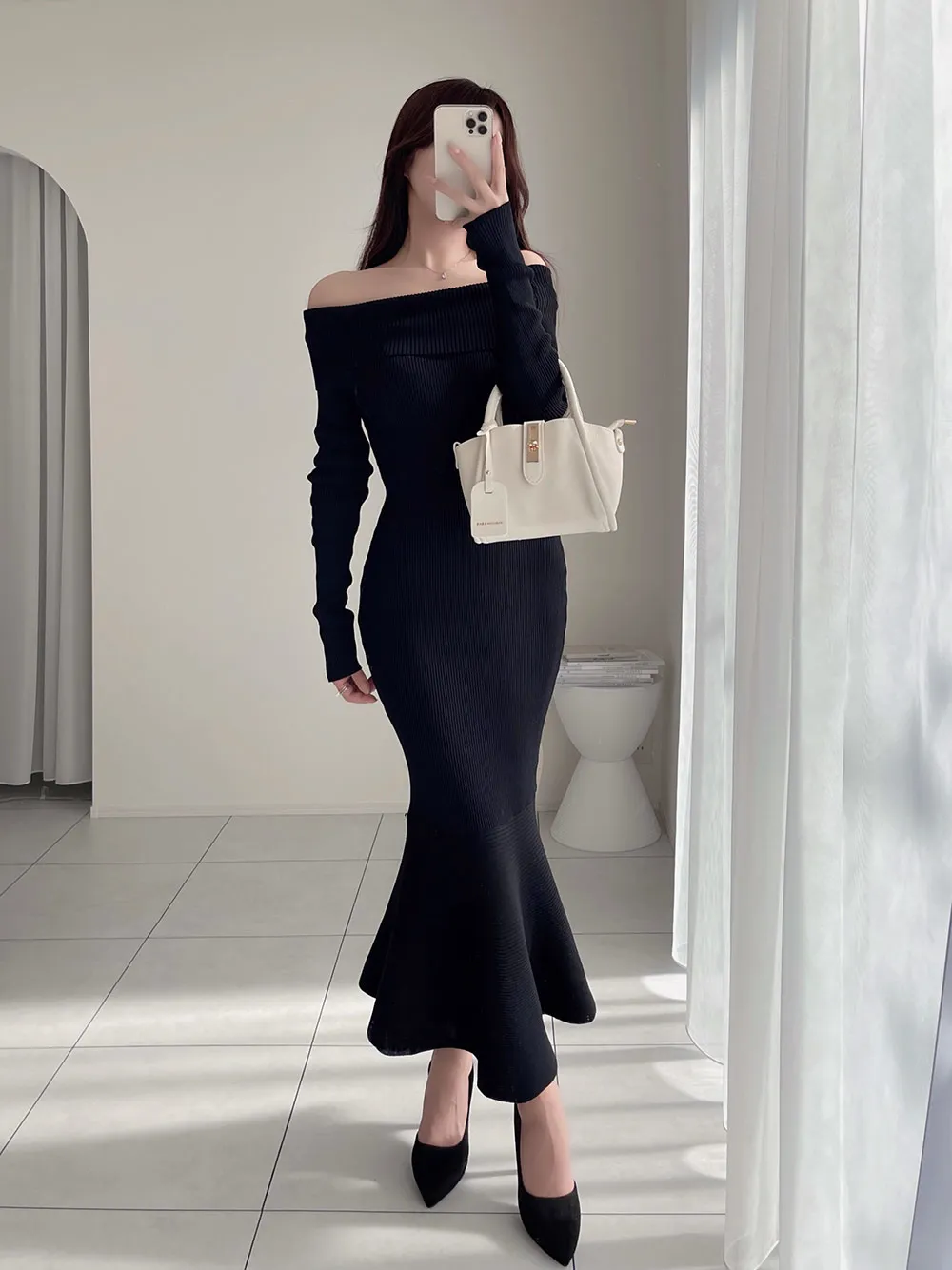 マーメイドラインオフショルリブワンピース | レディースファッション  