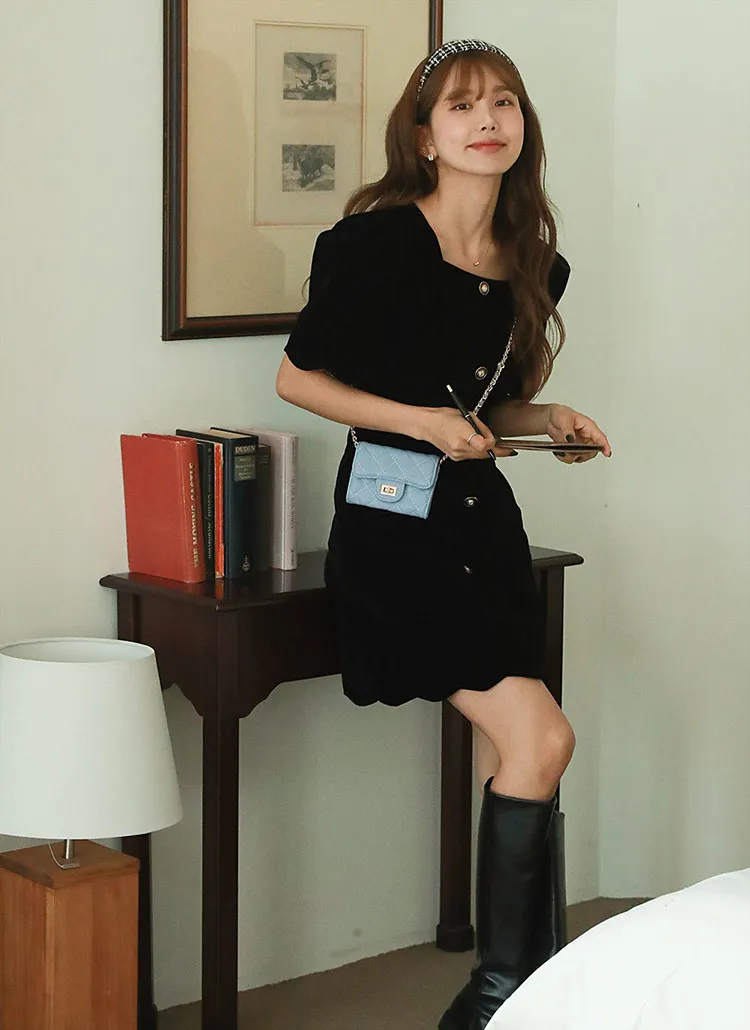 ベロアボタン半袖パフワンピース | DHOLIC | 詳細画像1