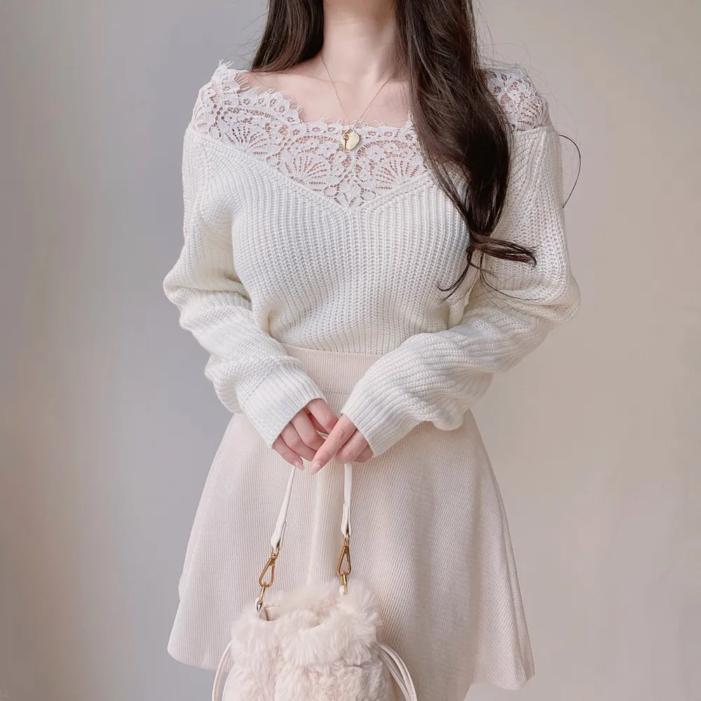 小林有里さん着用】スカラップワイドネックニットプルオーバー