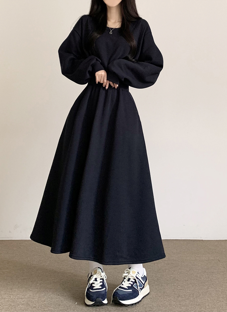 起毛裏地ラウンドネックAラインゴムワンピース | レディース