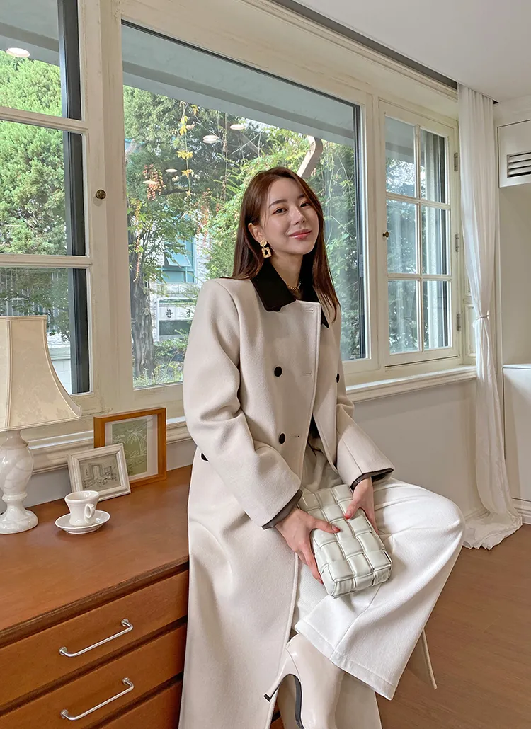 ベロア配色ダブルボタンロングコート | レディースファッション通販  