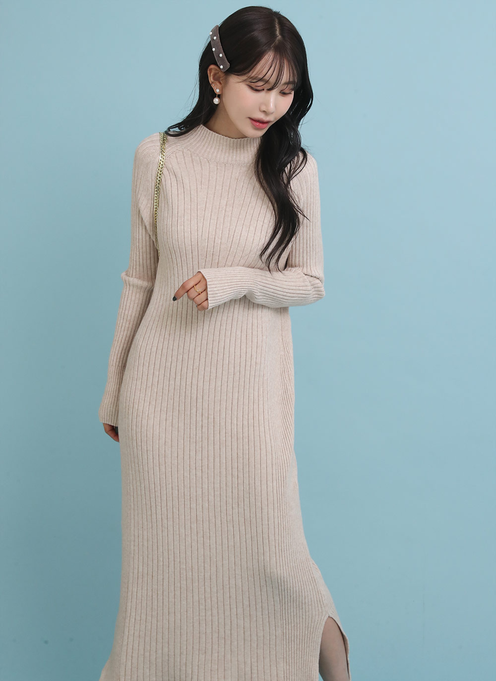 カシミヤ混ハーフネックリブスリットワンピース | DHOLIC | 詳細画像6