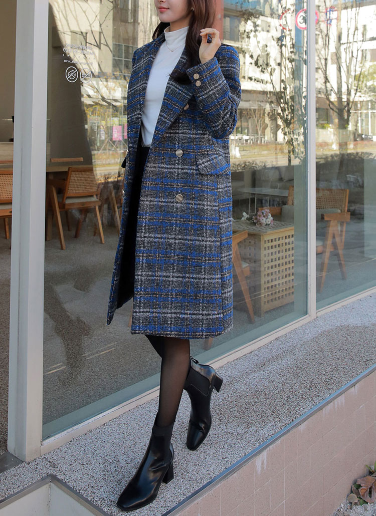 キルト裏地ダブルボタンチェックロングコート | レディース