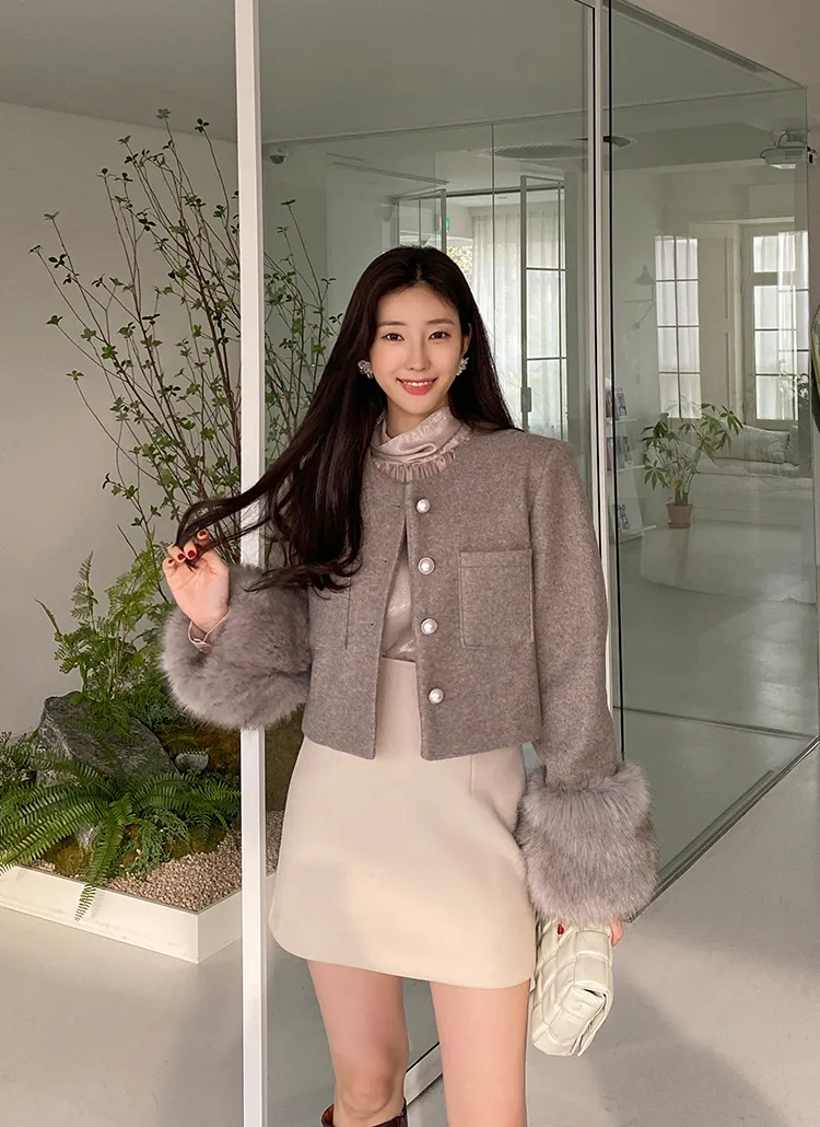 キルト裏地ノーカラーエコファー配色ジャケット | レディース  