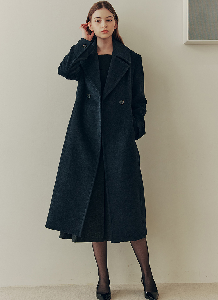ビッグカラーウール混ロングコート(NAVY) | レディースファッション