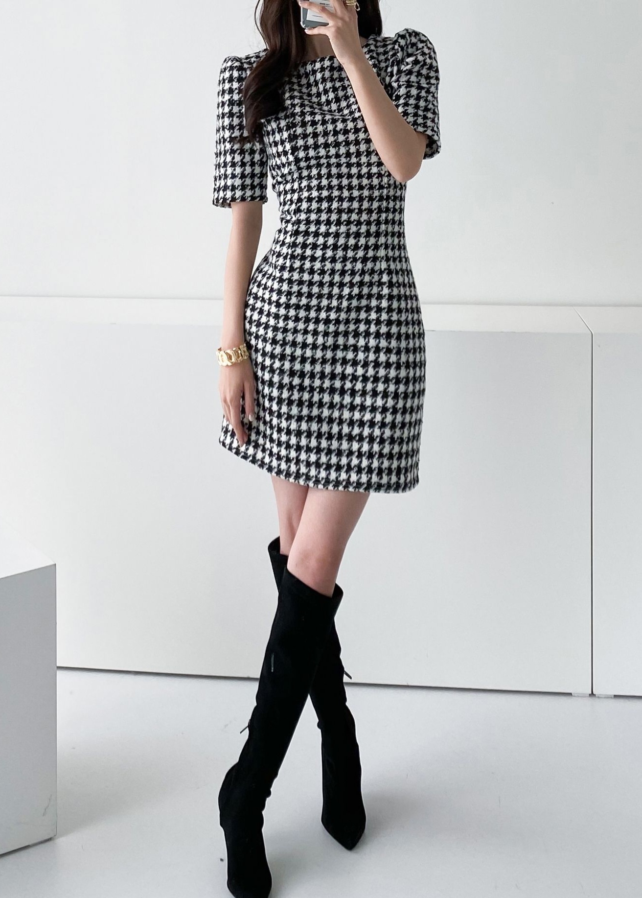 ウール混ハウンドトゥース半袖パフワンピース | 詳細画像2