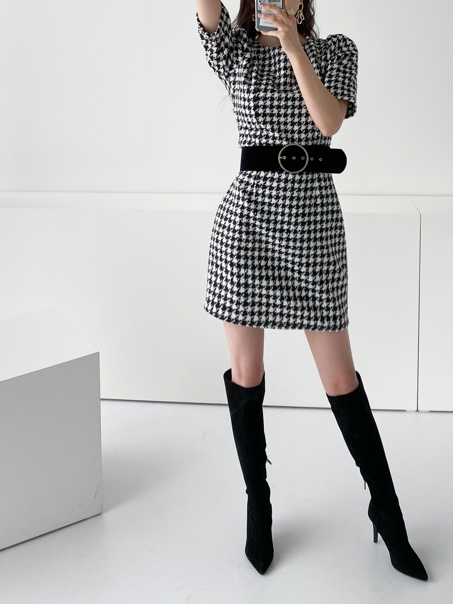 ウール混ハウンドトゥース半袖パフワンピース | 詳細画像3