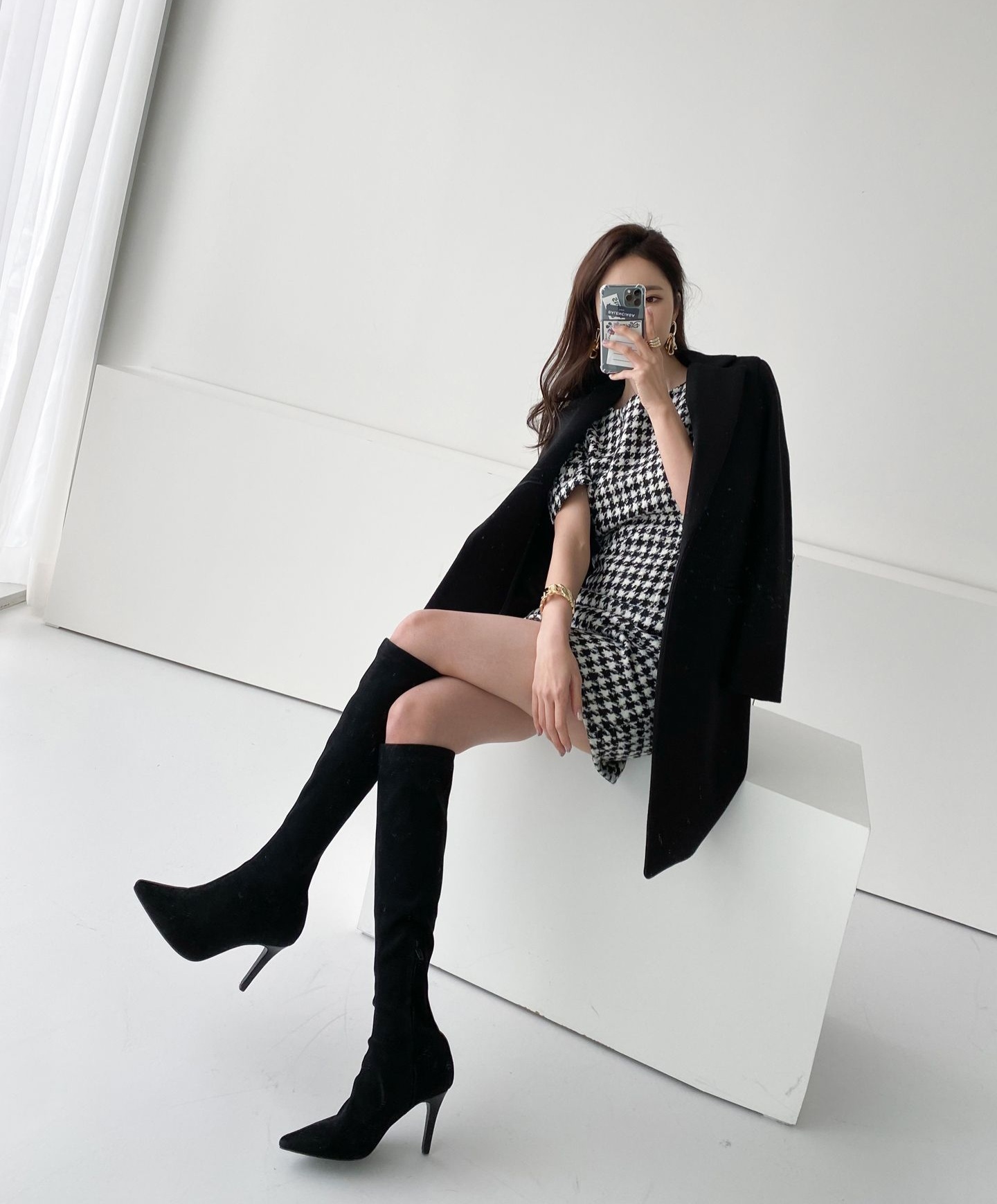 ウール混ハウンドトゥース半袖パフワンピース | 詳細画像5