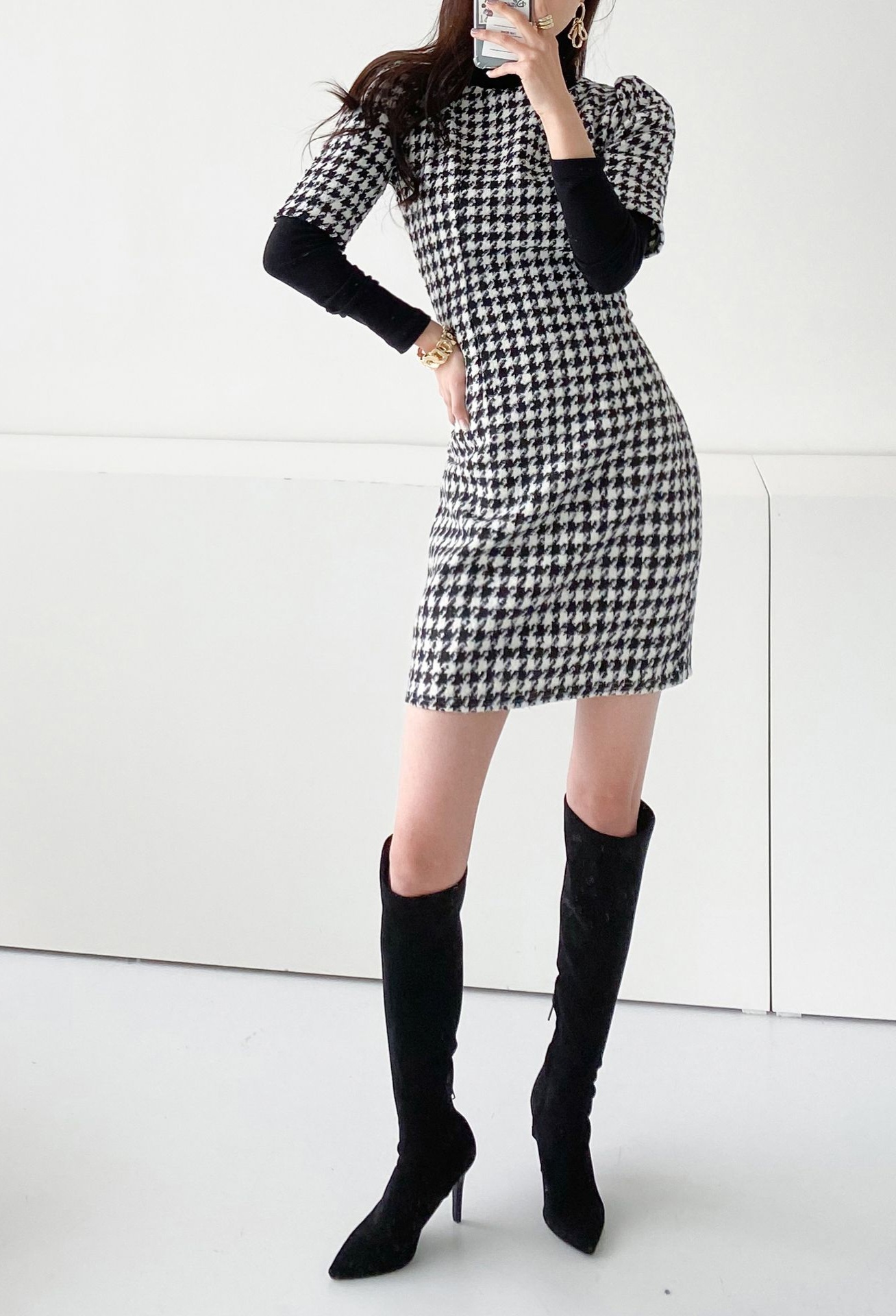 ウール混ハウンドトゥース半袖パフワンピース | 詳細画像7