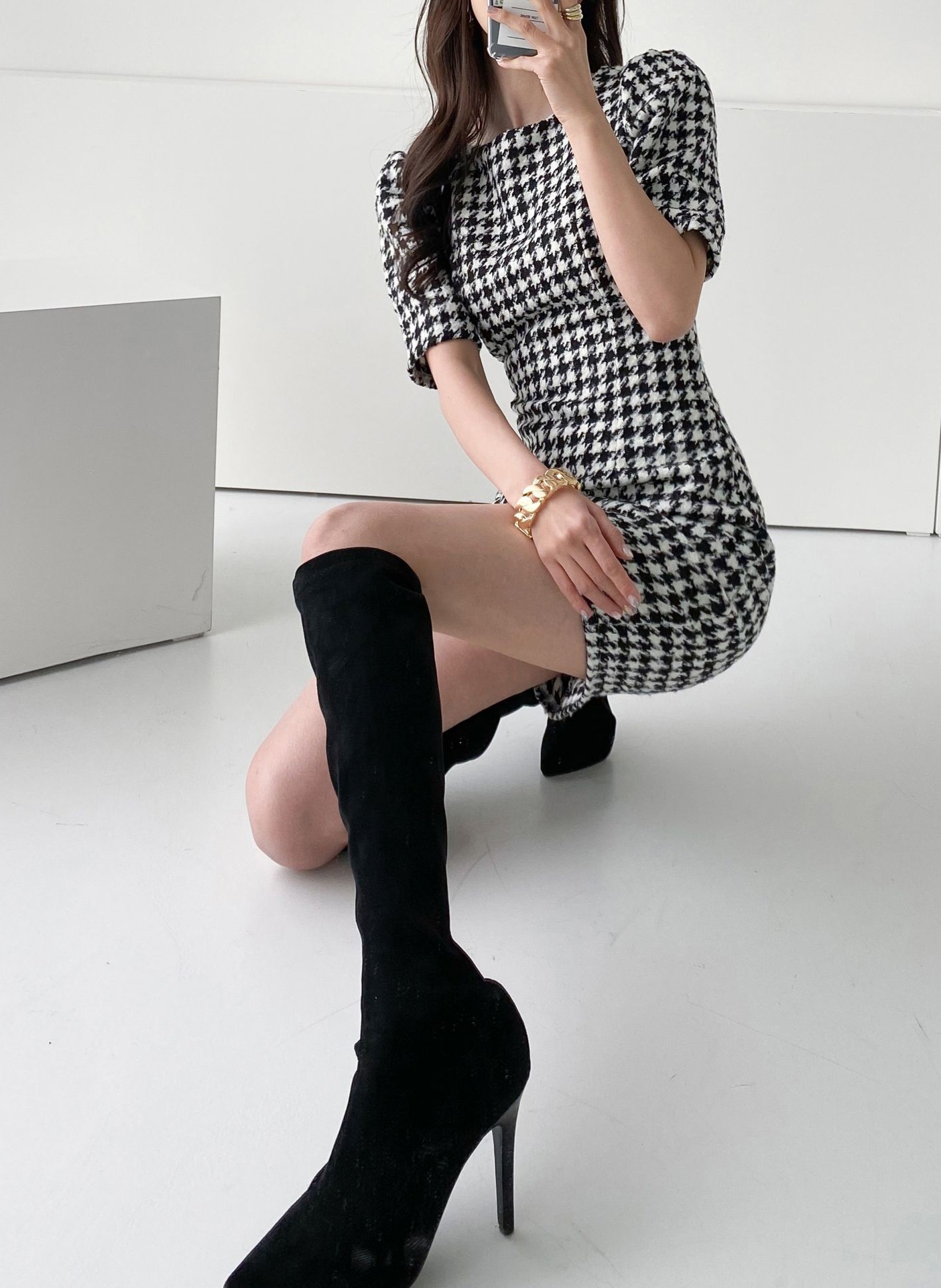 ウール混ハウンドトゥース半袖パフワンピース | 詳細画像9