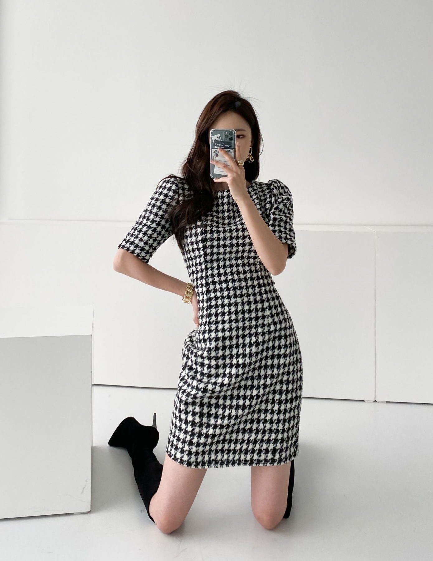 ウール混ハウンドトゥース半袖パフワンピース | 詳細画像10