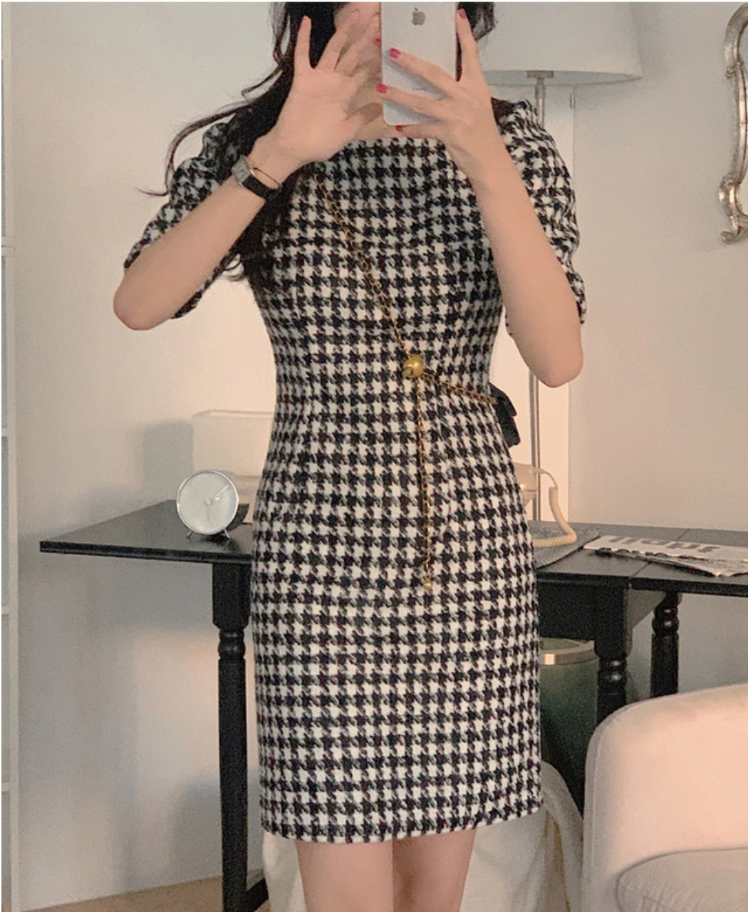 ウール混ハウンドトゥース半袖パフワンピース | 詳細画像14