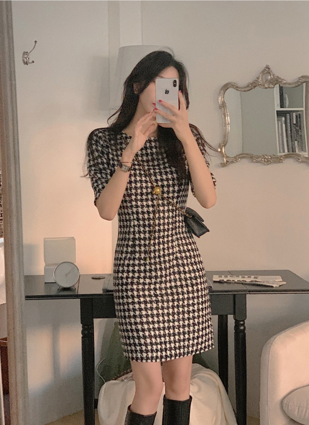 ウール混ハウンドトゥース半袖パフワンピース | 詳細画像15