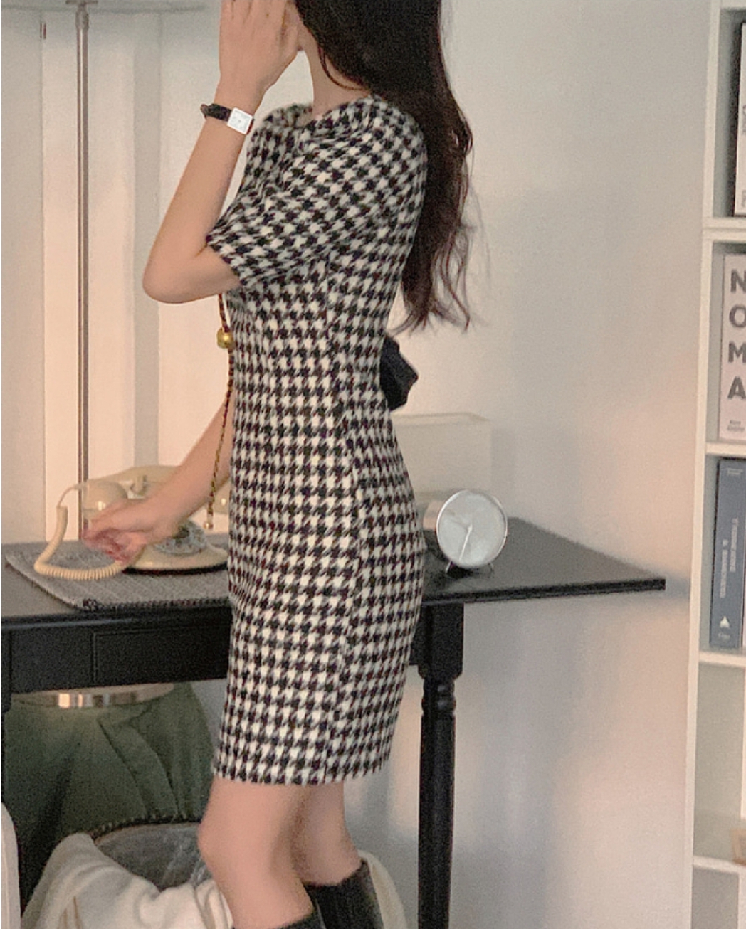 ウール混ハウンドトゥース半袖パフワンピース | 詳細画像16