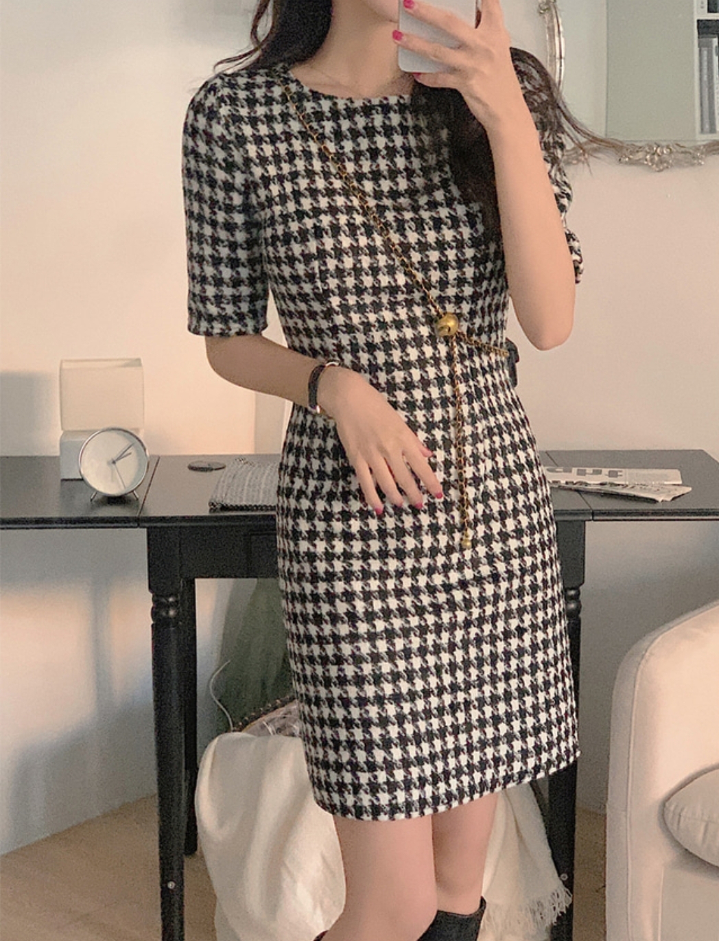 ウール混ハウンドトゥース半袖パフワンピース | 詳細画像17