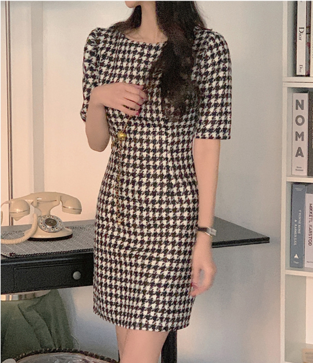 ウール混ハウンドトゥース半袖パフワンピース | 詳細画像18