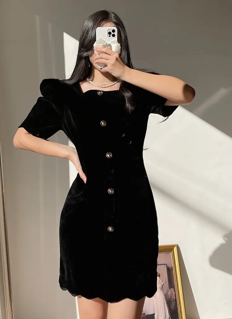 ワンピース High waist velour mini dress black スクエアベロアミニワンピース | レディースファッション通販 - DHOLIC